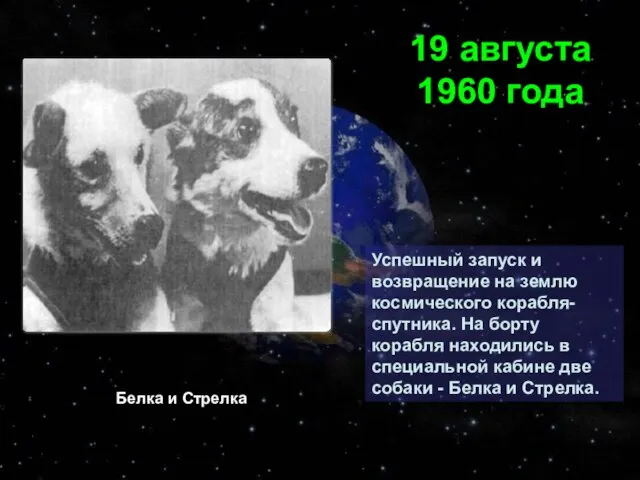 Успешный запуск и возвращение на землю космического корабля-спутника. На борту корабля находились