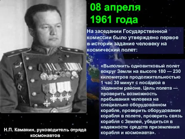 На заседании Государственной комиссии было утверждено первое в истории задание человеку на