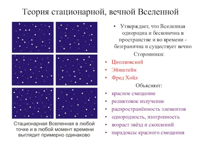 Теория стационарной, вечной Вселенной Утверждает, что Вселенная однородна и бесконечна в пространстве