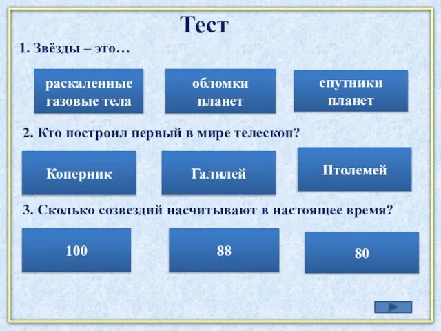 1. Звёзды – это… Тест раскаленные газовые тела обломки планет спутники планет