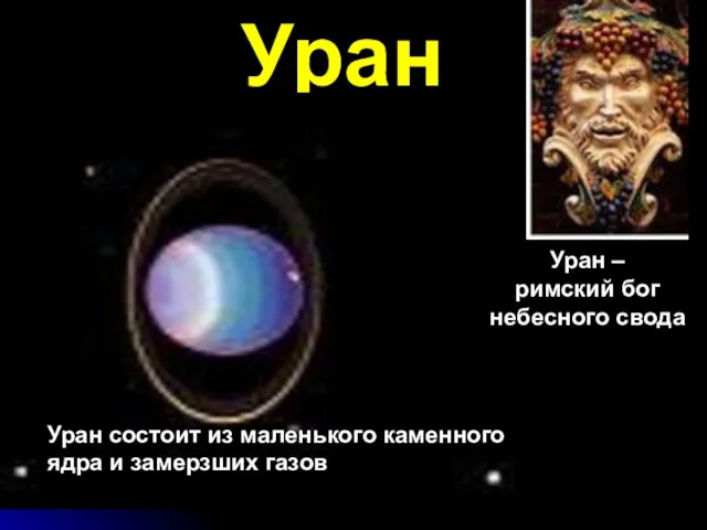 Уран Уран – римский бог небесного свода Уран состоит из маленького каменного ядра и замерзших газов