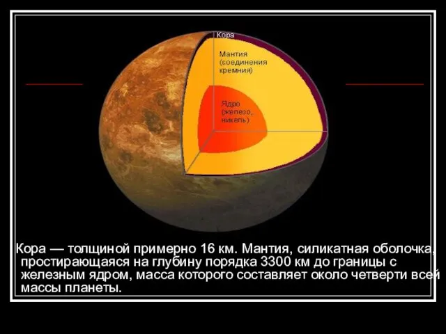 Кора — толщиной примерно 16 км. Мантия, силикатная оболочка, простирающаяся на глубину