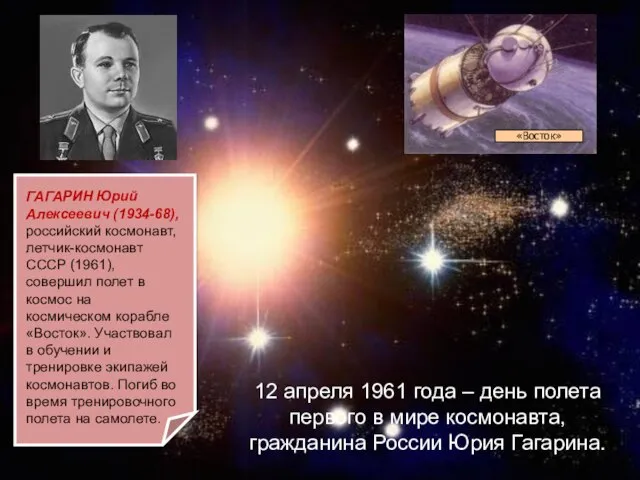 12 апреля 1961 года – день полета первого в мире космонавта, гражданина