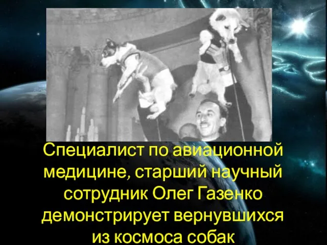 Специалист по авиационной медицине, старший научный сотрудник Олег Газенко демонстрирует вернувшихся из космоса собак