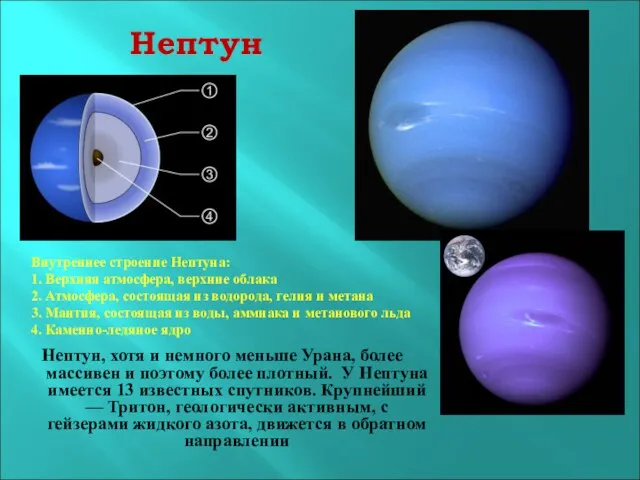 Нептун Нептун, хотя и немного меньше Урана, более массивен и поэтому более