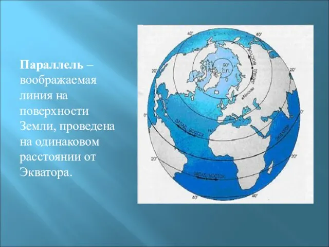 Параллель – воображаемая линия на поверхности Земли, проведена на одинаковом расстоянии от Экватора.