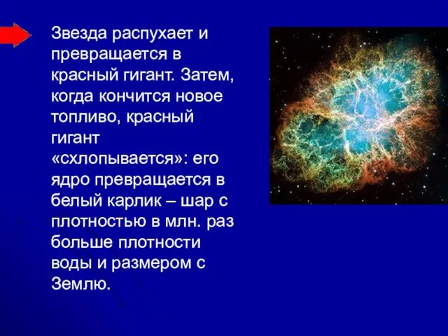 Звезда распухает и превращается в красный гигант. Затем, когда кончится новое топливо,