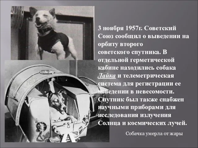3 ноября 1957г. Советский Союз сообщил о выведении на орбиту второго советского
