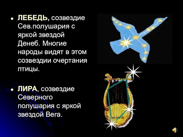 ЛЕБЕДЬ, созвездие Сев.полушария с яркой звездой Денеб. Многие народы видят в этом