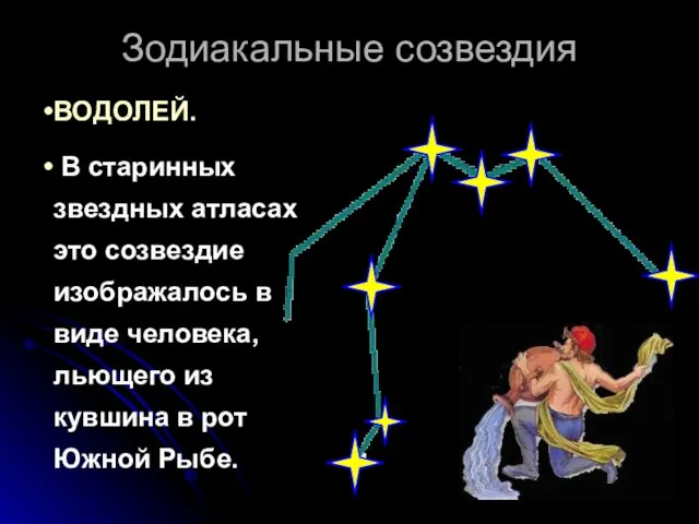 Зодиакальные созвездия ВОДОЛЕЙ. В старинных звездных атласах это созвездие изображалось в виде