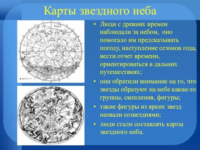 Карты звездного неба Люди с древних времен наблюдали за небом, оно помогало