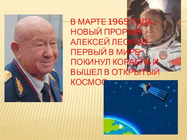 В марте 1965 года - новый прорыв: Алексей Леонов первый в мире