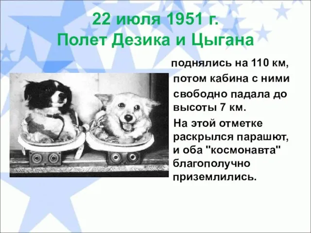 22 июля 1951 г. Полет Дезика и Цыгана поднялись на 110 км,