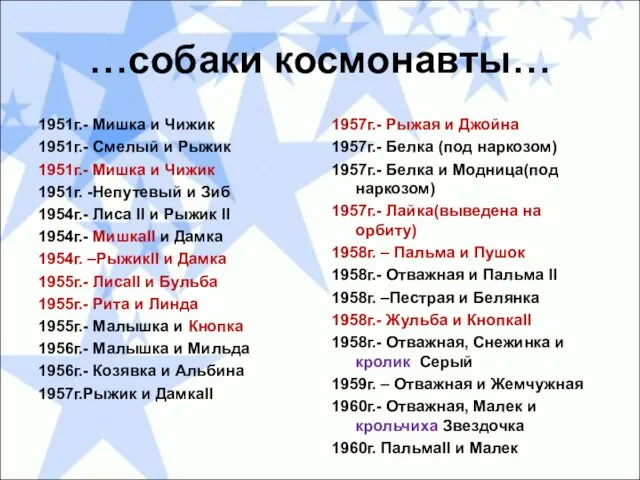 …собаки космонавты… 1951г.- Мишка и Чижик 1951г.- Смелый и Рыжик 1951г.- Мишка