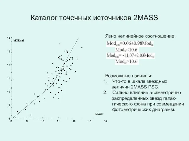 Каталог точечных источников 2MASS Явно нелинейное соотношение. Возможные причины: Что-то в шкале