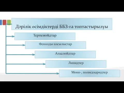 Дәрілік өсімдіктерді ББЗ-ға топтастырылуы Терпенойдтар Фенолды қосылыстар Алкалойдтар Липидтер Моно-, полисахаридтер