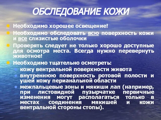 ОБСЛЕДОВАНИЕ КОЖИ Необходимо хорошее освещение! Необходимо обследовать всю поверхность кожи и все