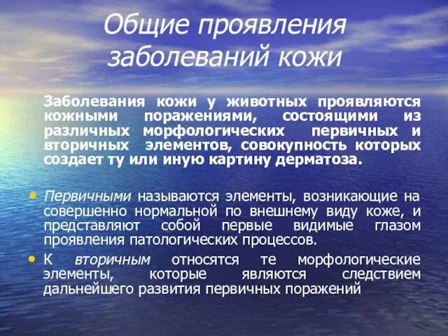 Общие проявления заболеваний кожи Заболевания кожи у животных проявляются кожными поражениями, состоящими