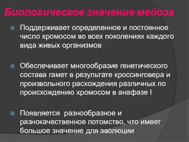 Биологическое значение мейоза Поддерживает определенное и постоянное число хромосом во всех поколениях