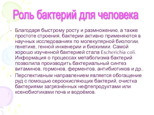 Благодаря быстрому росту и размножению, а также простоте строения, бактерии активно применяются