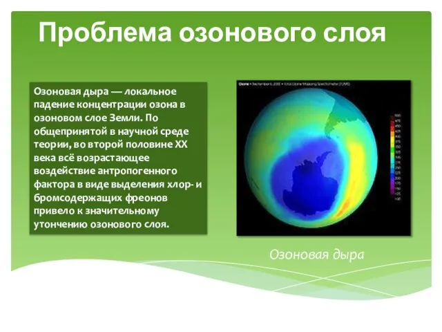 Проблема озонового слоя Озоновая дыра — локальное падение концентрации озона в озоновом