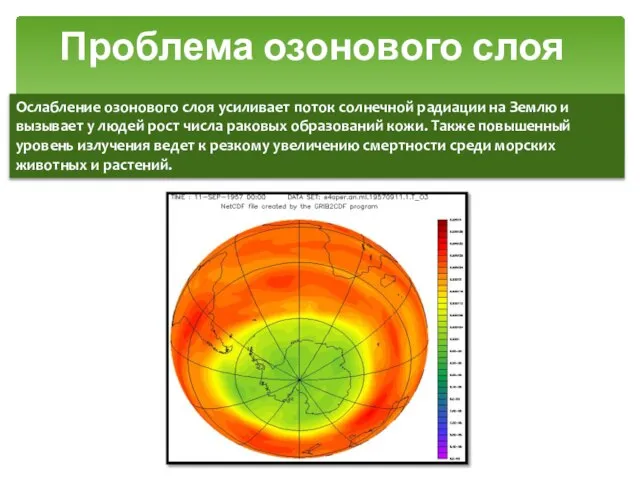 Проблема озонового слоя Ослабление озонового слоя усиливает поток солнечной радиации на Землю