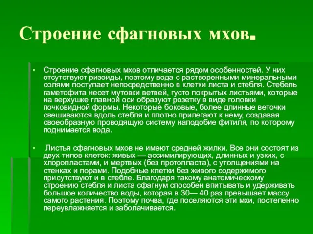 Строение сфагновых мхов. Строение сфагновых мхов отличается рядом особенностей. У них отсутствуют