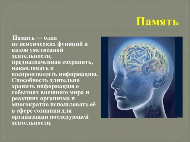 Память Память — одна из психических функций и видов умственной деятельности, предназначенная