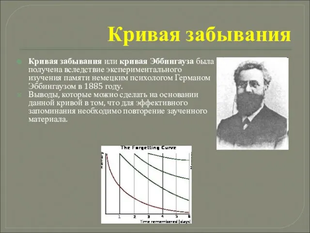 Кривая забывания Кривая забывания или кривая Эббингауза была получена вследствие экспериментального изучения