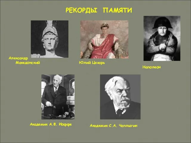 Александр Македонский Юлий Цезарь Наполеон Академик А.Ф. Иоффе Академик С.А. Чаплыгин РЕКОРДЫ ПАМЯТИ