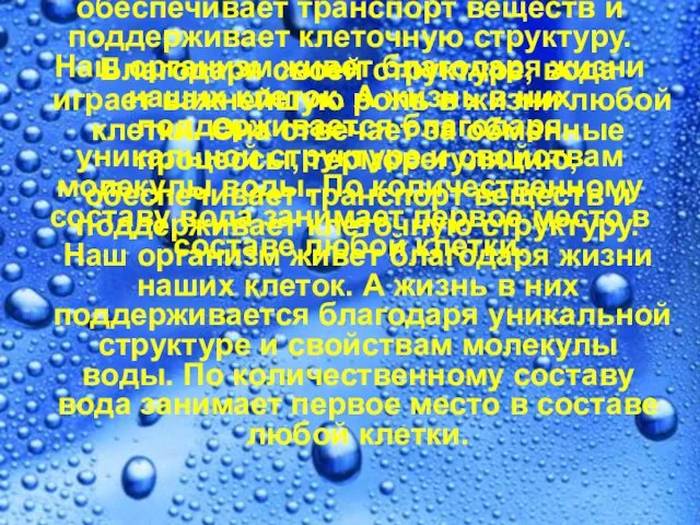 Благодаря своей структуре, вода играет важнейшую роль в жизни любой клетки. Она