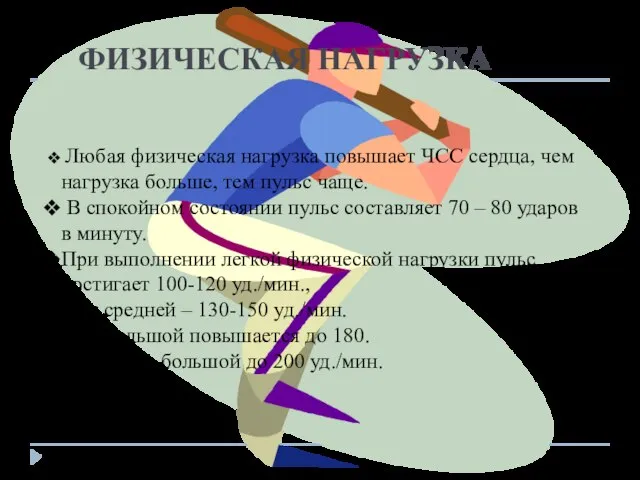 ФИЗИЧЕСКАЯ НАГРУЗКА Любая физическая нагрузка повышает ЧСС сердца, чем нагрузка больше, тем