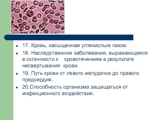 17. Кровь, насыщенная углекислым газом. 18. Наследственное заболевание, выражающееся в склонности к