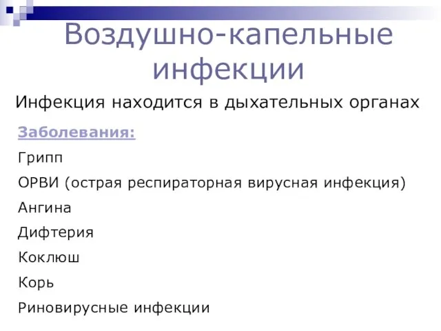 Воздушно-капельные инфекции Инфекция находится в дыхательных органах Заболевания: Грипп ОРВИ (острая респираторная