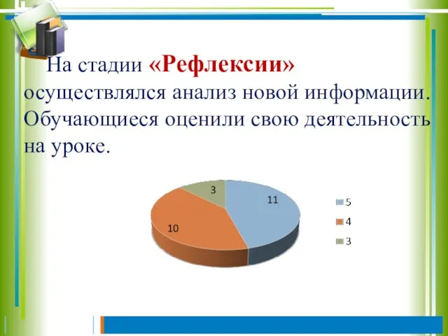 На стадии «Рефлексии» осуществлялся анализ новой информации. Обучающиеся оценили свою деятельность на уроке.