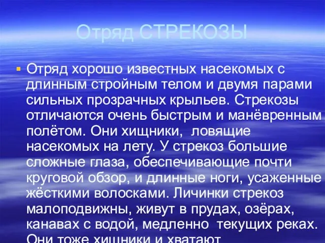 Отряд СТРЕКОЗЫ Отряд хорошо известных насекомых с длинным стройным телом и двумя