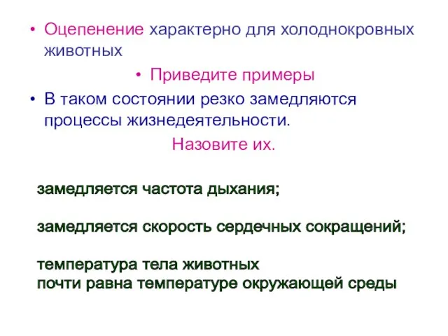 Оцепенение характерно для холоднокровных животных Приведите примеры В таком состоянии резко замедляются