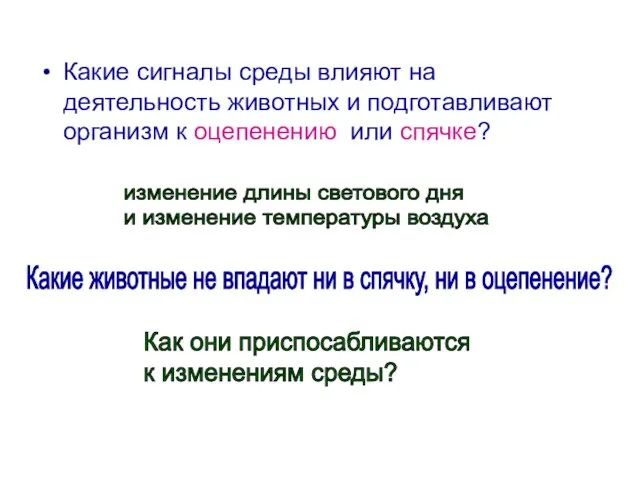 Какие сигналы среды влияют на деятельность животных и подготавливают организм к оцепенению