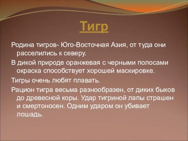 Тигр Родина тигров- Юго-Восточная Азия, от туда они расселились к северу. В