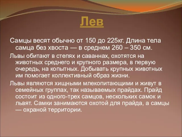 Лев Самцы весят обычно от 150 до 225кг. Длина тела самца без