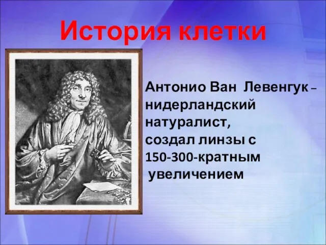 История клетки Антонио Ван Левенгук – нидерландский натуралист, создал линзы с 150-300-кратным увеличением