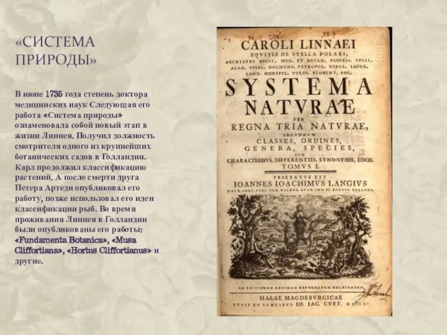 «Система природы» В июне 1735 года степень доктора медицинских наук Следующая его