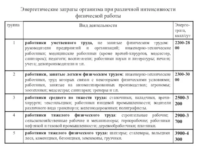 Энергетические затраты организма при различной интенсивности физической работы