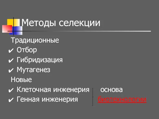 Методы селекции Традиционные Отбор Гибридизация Мутагенез Новые Клеточная инженерия основа Генная инженерия биотехнологии