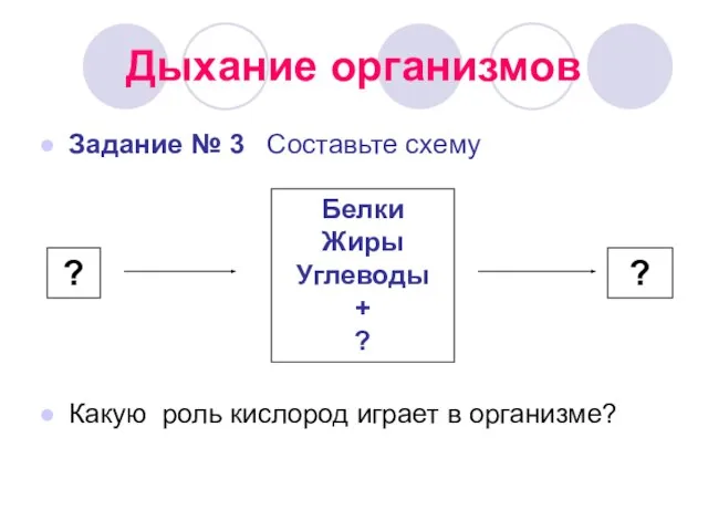 Дыхание организмов Задание № 3 Составьте схему Какую роль кислород играет в