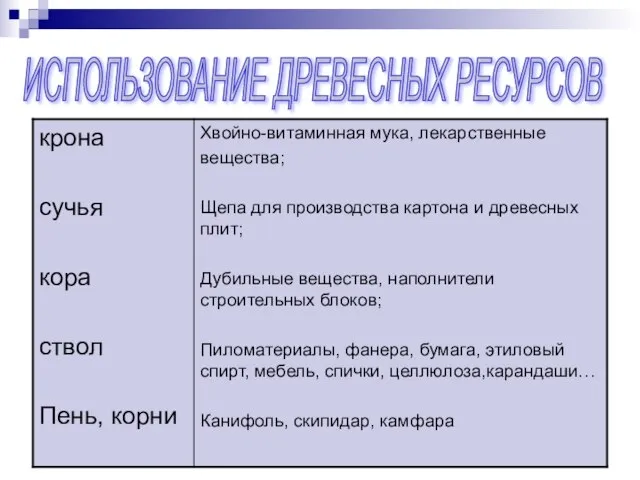 ИСПОЛЬЗОВАНИЕ ДРЕВЕСНЫХ РЕСУРСОВ