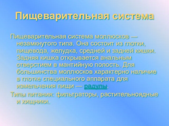 Пищеварительная система Пищеварительная система моллюсков — незамкнутого типа. Она состоит из глотки,