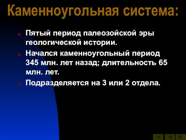 Каменноугольная система: Пятый период палеозойской эры геологической истории. Начался каменноугольный период 345