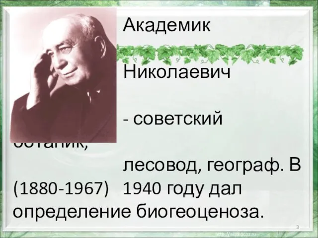 Академик Владимир Николаевич Сукачёв - советский ботаник, лесовод, географ. В (1880-1967) 1940 году дал определение биогеоценоза.