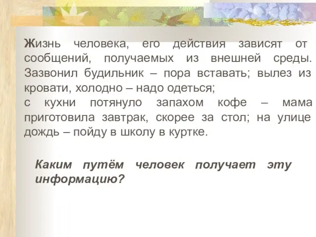 Жизнь человека, его действия зависят от сообщений, получаемых из внешней среды. Зазвонил